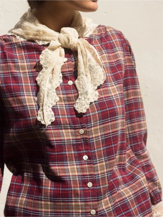 Ralph Lauren Tops - Vintage 80’s Ralph Lauren Plaid Flannel Button Front
Lace Trim Scarf Cuffs